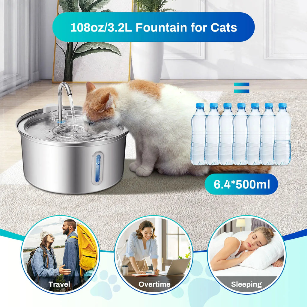 Fuente de Agua para Gatos de Acero Inoxidable 3.2L