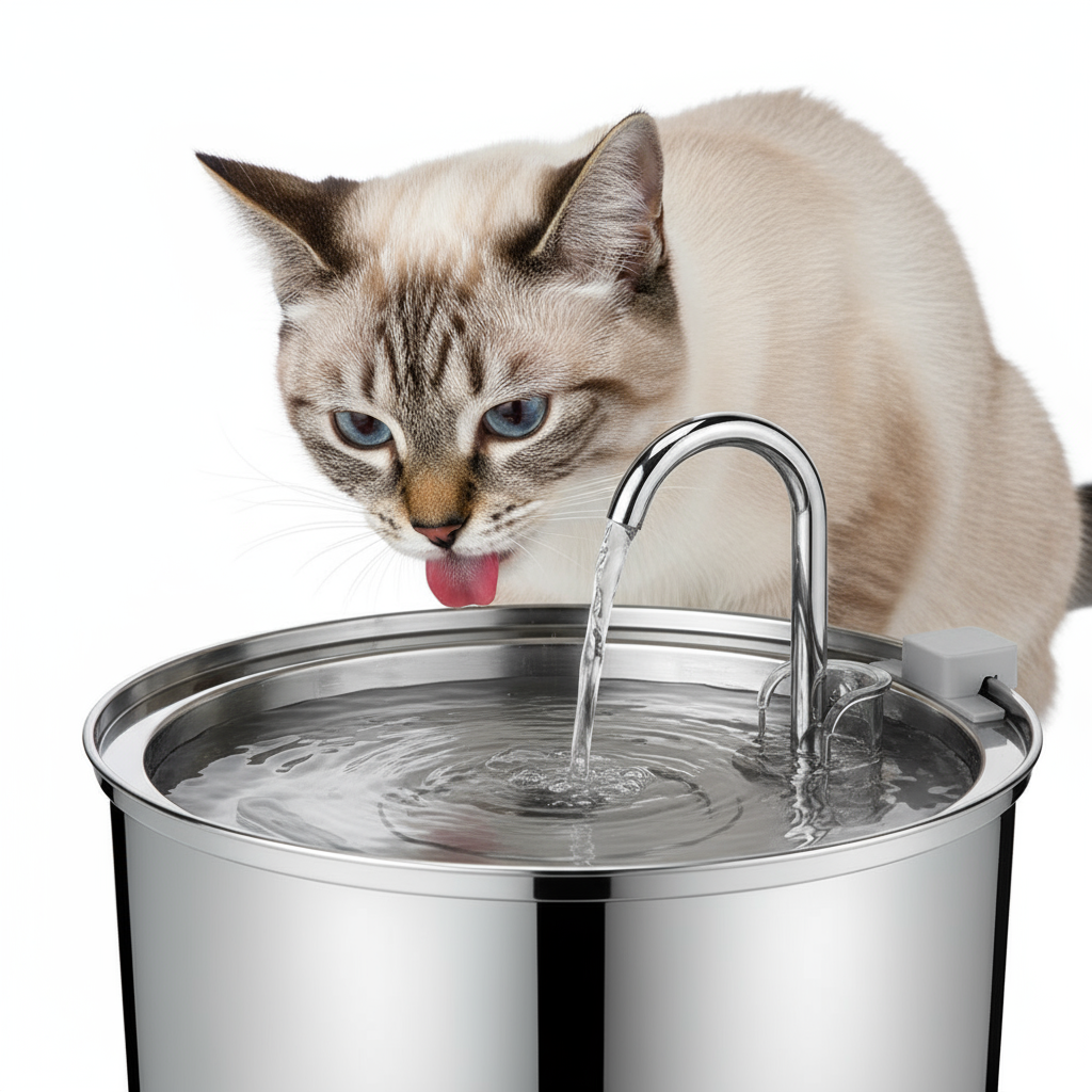 Cat drinking from stainless steel water fountain