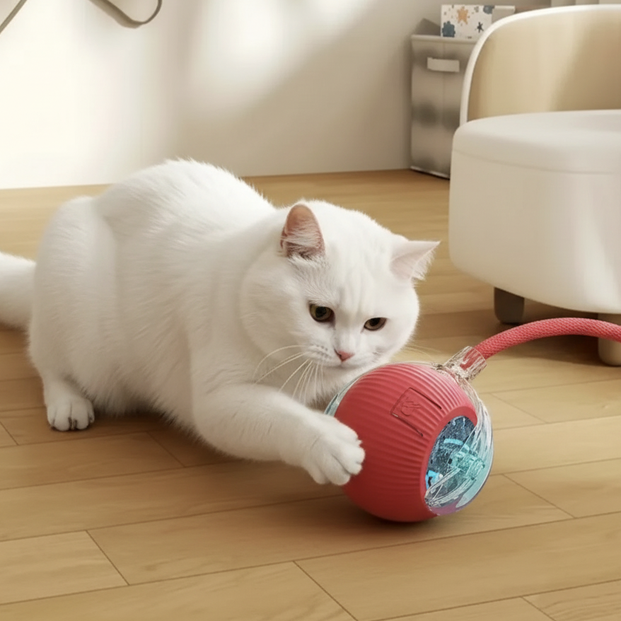 Gato Blanco con Pelota Interactiva - Sin Pluma